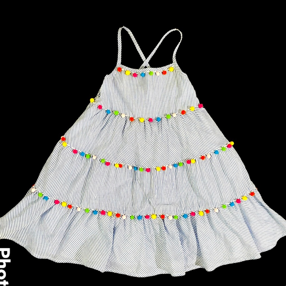 Tommy Bahama striped blue and white pom pom layered skirt dress.